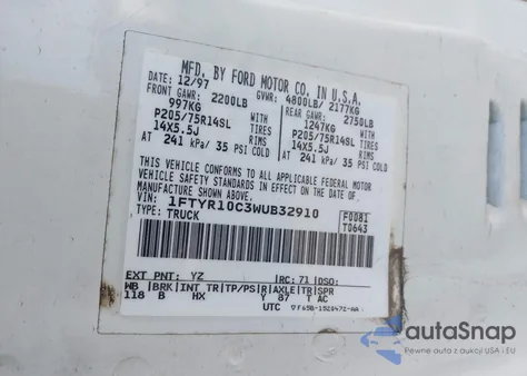 1998 Ford Ranger Splash/Xl/Xlt from USA, damaged, VIN 1FTYR10C3WUB32910